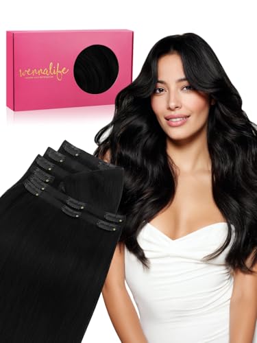Image of WENNALIFE Genius Seamless Clip in Hair Extensions Real Human 18 inch 120g 7 Pcs Jet Black Hair Extensions Clip Ins Luxury Remy De Cabello Humano Straight Invisible Fuller Reusable