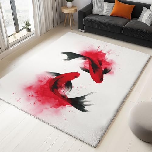 Alfombra grande de pelo corto para dormitorio, 160 x 230 cm, para sala de estar, pintura de tinta japonesa, color rojo y negro, alfombra blanca que no se desprende, duradera, súper suave