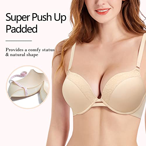 Women's Push Up Padded Lift Support Underwire Add 2 Cup T-Shirt Plunge Bra Nude,36B