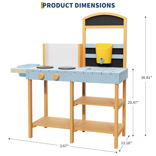 Mud Kitchen for Kids Outdoor Wooden Pretend Play Kitchen Set with See-Through Planter Box, Removable Sink & Faucet, Chalkboard, Storage Shelves＆Pretend Stove Montessori Learning Playset Toy for Toddle