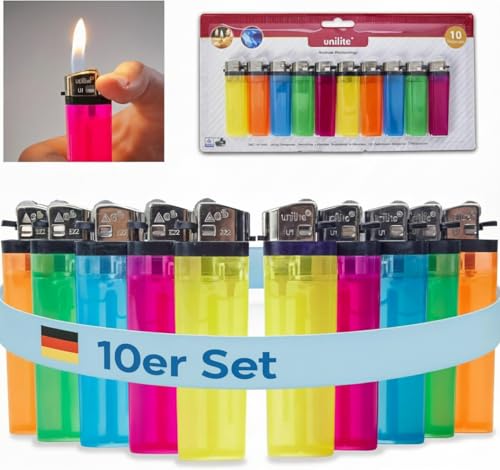 UNILITE 10 Stück Feuerzeuge MIT Gas befüllt – Reibradfeuerzeuge – 5 Farben im Set – Gasfeuerzeug – Einwegfeuerzeug – Feuerzeuge – Mini...