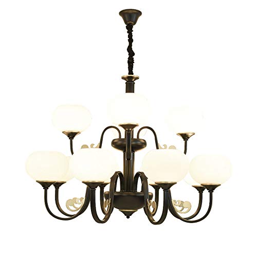 Chandelier E27 suspendu noir et or à 6 lampes en verre dépoli pour salon