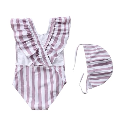 Image of FreeLu Toddler Baby Girl Cross-Back Swimsuit One Piece Flounce Swimwear Summer Bathing Suit with Hat 18M - 6T