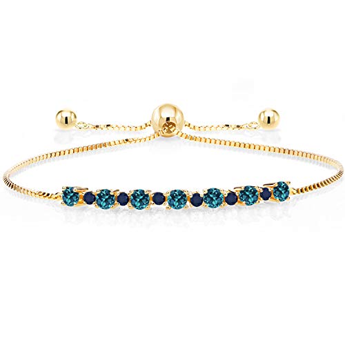 Gem Stone King 1.09 Ct London Blue Topaz Blue Sapphire 18K Yellow Gold Plated Silver Adjustable Tennis Bracelet for Women Up to 9 Inch