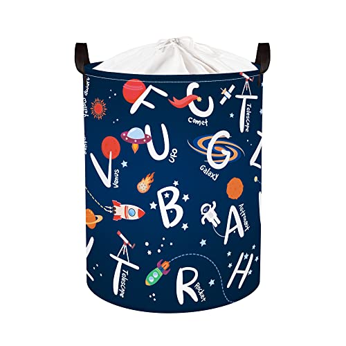 Clastyle 45L Universe Space Alphabet Planet Nursery Laundry Basket Rocket Round Toy Clothes Blue Storage Basket For Kindergarten, 14.2X17.7 In #TOP17