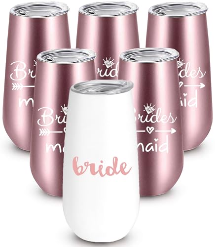Product Image of the Bride to Be Champagne Flute | 6 oz Bride Tribe Stainless Steel Wine Tumblers | Engagement Wedding Gifts Bridesmaids Mugs Bachelorette Party Supplies & Games | Insulated Skinny Rose Gold Cups