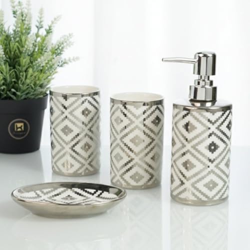 Image of Kookee Ceramic Bathroom Accessories Set of 4, Modern Bath Set with Liquid handwash Soap Dispenser and Toothbrush Holder, Luxury Gift Accessory for Home (12229)