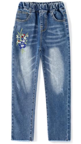 Jean fille élastique bleu en denim stretch brodé, pantalon KIDSCOOL SPACE