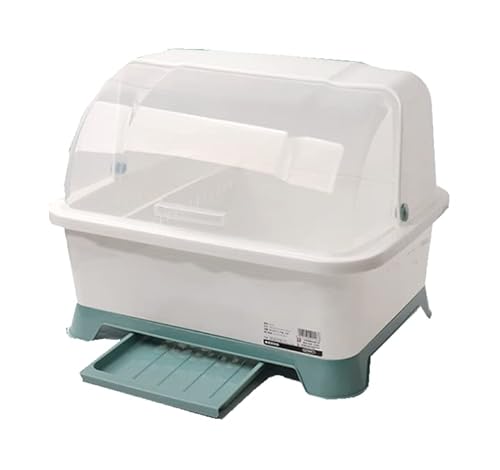 食器ドレンラック 食器ドレンバスケット防塵 防汚 取り外し可能 食器収納ボックス プレート 蓋付き キッチンラック 水切りラック タテ置き 大容量 プラスチック製 食器を置く 食器棚 (44*34*35cm,グリーン)