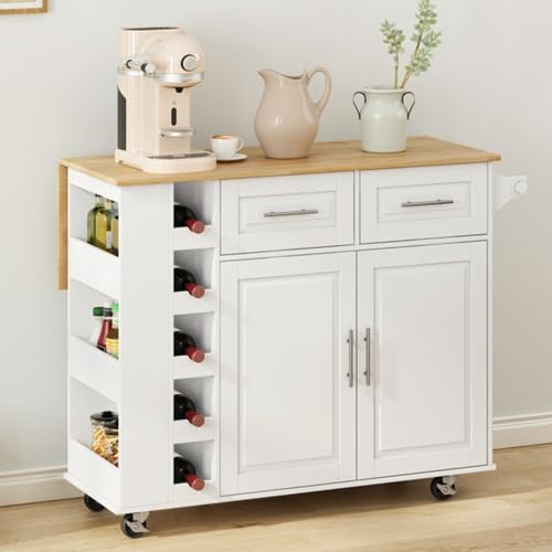 White Kitchen Island on Wheels - Mobile Kitchen Island with Drop Leaf, Storage Cabinets, and Towel Rack