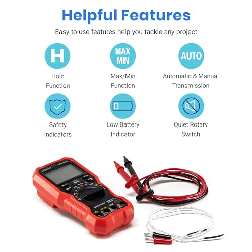 Etekcity Digital Multimeter Voltmeter Tester TRMS 6000 Counts, AC DC Current Voltage Meter, Amp, Ohm, Diode, Capacitance, Frequency, Temperature, NCV, Resistance, Red, MSR-A2000