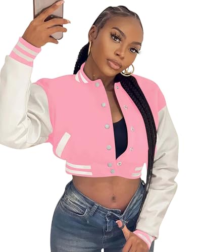 Doweha Women Faux Leather Jacket Light Moto Bomber Jackets Cropped Letterman Baseball Jacket Fall Coat with Pockets