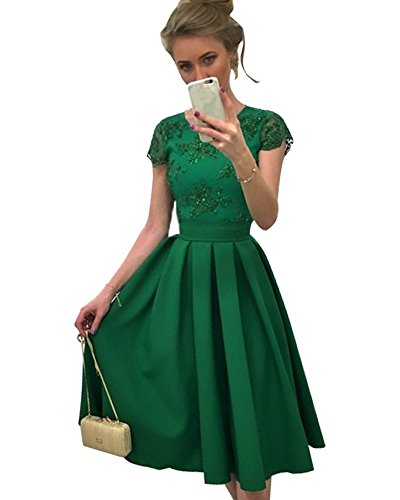 Mujer Elegante Vestidos Manga Larga Encaje Floral Crochet Off Shoulder Vestidos de Coctel Fiesta para Bodas A Verde ES 38