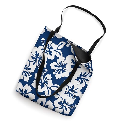 Bolso tote con estampado floral hawaiano de hibisco en azul marino y blanco, diseño reversible miniatura 2