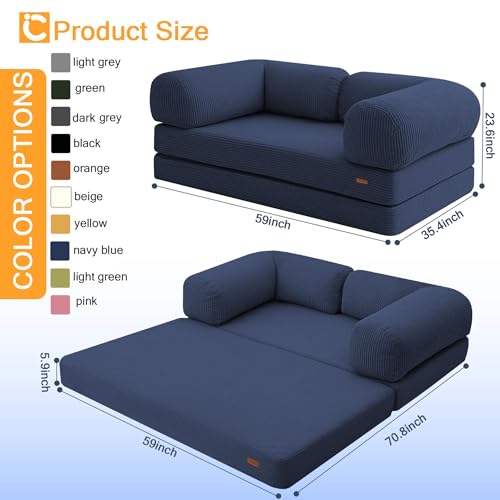 COMAX Futon Sofa Bed, 4-in-1 Floor Foldable Sofa Couch Bed Queen with L-Shaped Armrests, Convertible Folding Chair Bed Sleeper Mattress Fold Out Comfy Lounge for Living Room Bedroom, Dark Navy Blue
