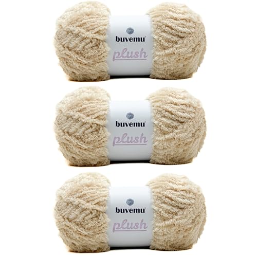 Image of Plush Faux Fur Bulky Yarn, Super Soft Fluffy Fuzzy for Knitting Crocheting Crafting, 100 Gram (3.53 Ounces) 109 Yards (100 Meters) (Light Beige) (3 Skeins)