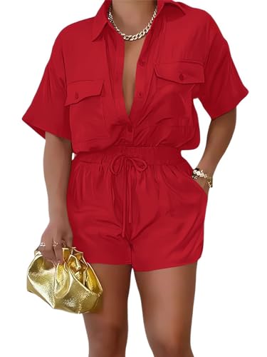 2 Piece Outfits for Women Button Down Lightweight Short Sleeve Shirts Loungewear Summer Shorts Sets With Pockets