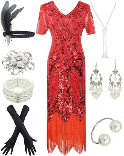 Image of Women 1920s Gatsby Vintage Sequin Flapper Fringe Party Plus Dress with 20s Accessories Set
