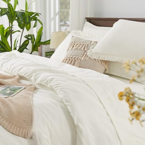 Image of Andency Ivory Queen Size Comforter Set with Sheets - 7 Pieces Boho Tassel Bed in a Bag Soft Lightweight Bedding Sets, Ivory Fringe Bed Set with Comforter, Sheets, Pillowcases & Shams