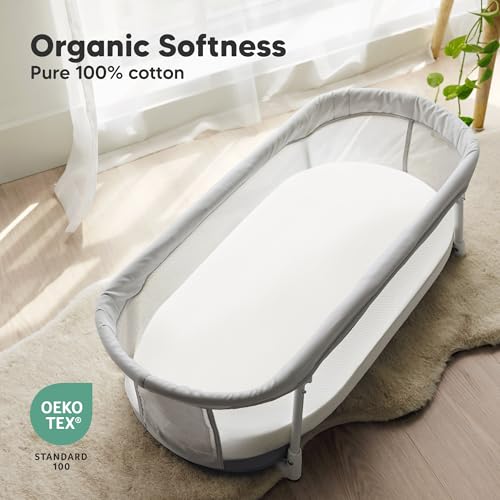 Image of 2-Pack Organic Bassinet Sheets for Girls, Boys - 100% Cotton Bassinet Mattress Sheets Compatible with Halo Bassinest Swivel Sleeper,Graco,Baby Delight,Chicco,Unisex Fitted Bassinet Sheets(Soft White)