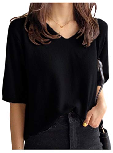 [アンリ] Vネック 半袖 カットソー サマーセーター 5分袖 二の腕カバー 冷房対策 カジュアル ビジネス インナー とろみ感 ゆるカジ 抜け感 おうち時間 ナチュラル オーソドックス ベーシック オーガニック ゆったり オフィスカジュアル 3色展開 春夏 シンプル 無地 着回し 鎖骨見せ 華奢見え 着やせ 体型カバー 細見え フェミニン 薄手 ブラック レディース AN145 BK L