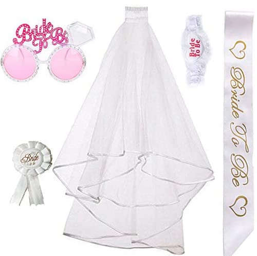 Taicols Kit pour Enterrement de Vie de Jeune Fille, 1 écharpe en Satin Bride to Be, 1 Badge, 1 Dentelle de Jambe, 1 Voile de Mariage en Cascade avec Peigne, 1 Paire de Lunettes Roses Bride to Be Cover