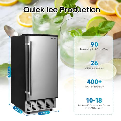 Image of ICEPURE 15 inch Under Counter Ice Maker with Drain Pump | 90lbs /24H, Self-Cleaning, Smart Reminder, 24H Timer, ETL /FCC, Built-in /Freestanding, Home & Commercial, Stainless Steel