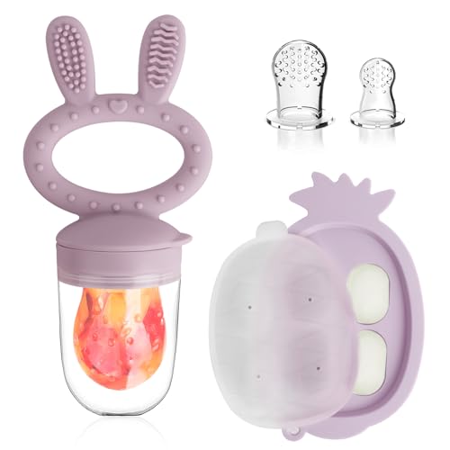 Image of HAOBAOBEI Teething Toys, Baby Fruit Food Feeder, Breastmilk Popsicle Molds for Baby Cooling Relief (Rabbit - Purple, Rabbit)