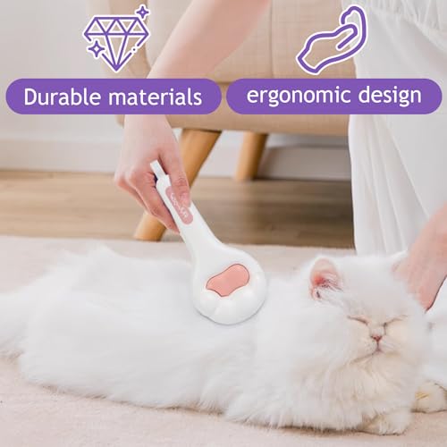 Image of Cat Brush for Long or Short Haired Cats and Dogs, Self Cleaning Pet Hair Brush, Removes Loose Fur, Tangles, Mats, Dander, Dirt, Provides Relaxing Massage, Pink White