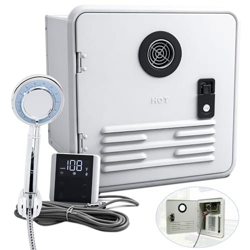 Tankless RV Water Heater 42000BTU Instant Hot Water System 15x15 Inch White Door Compatible with Most RVs for Shower Dishwashing & Outdoor Use