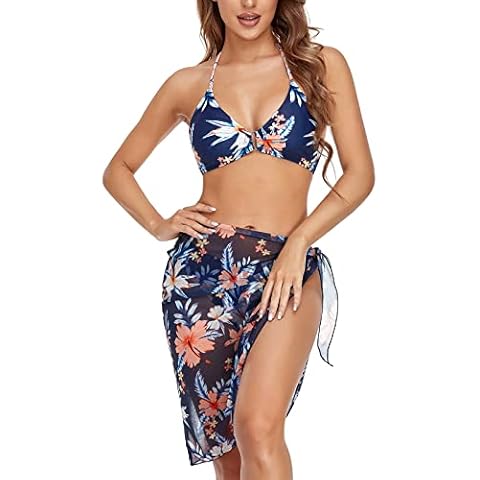 IHCEMIH Bikini Sets for Women UK Halter Neck Push up Floral Swimming Costume Beachwear Swimwear Swimsuits Summer Beach Bathing Suit 3 Piece Blue Bikinis with Cover ups Sarongs Wrap Skirt for Ladies XL Cover