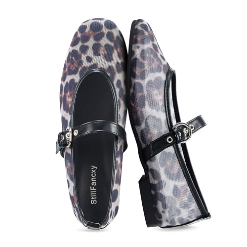 Image of Leopard Flats for Women Mesh Ballet Flats Mary Jane Animal Print Shoes Slip On Casual Breathable Ballerina Flats
