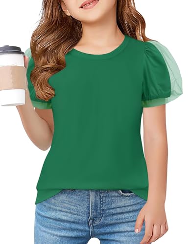 Image of Arshiner Girls Shirts Mesh Puff Short Sleeves Blouse Crewneck Cute Print Summer Kids Tee Tops