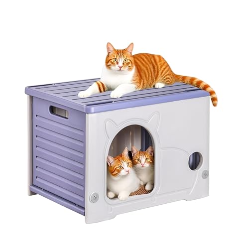 屋外対応オールシーズン対応キャットハウス【防雨・日よけ付き】ドッグハウス・キャットシェルター。コンパクトな半密閉型デザイン、ローズカラーのプラスチック製ペットハウスは、野良猫や子犬に最適です。耐候性、コンパクト性、防風性、断熱性を備えています。屋外用キャッ