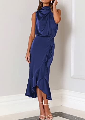 Image of KIRUNDO Women's Summer Satin Mock Neck Wedding Guest Dress