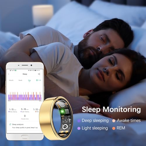 Image of Health Tracker Ring, Smart Health Ring for Women Men with Heart Rate, Blood Oxygen, Sleep Monitor, Steps,Calories, No Subscription Fee, IP68 Waterproof Smart Ring for iPhone & Android (Gold, 14#).