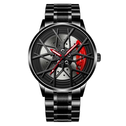 JOATVEE Relojes para Hombres, Impermeable de Acero Inoxidable Japonés de Cuarzo de Pulsera Relojes de los Hombres Deportes con Llanta Rueda Auto Hub Diseño para los Hombres Coche Entusiasta, rojo