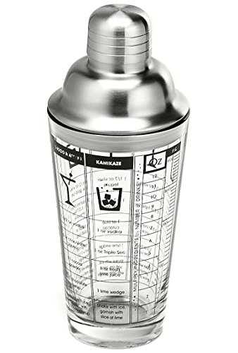 Outset Bartending Tool, Glass Cocktail Shaker With Measurements and Drink Recipes, 12oz, Stainless Steel Strainer lid