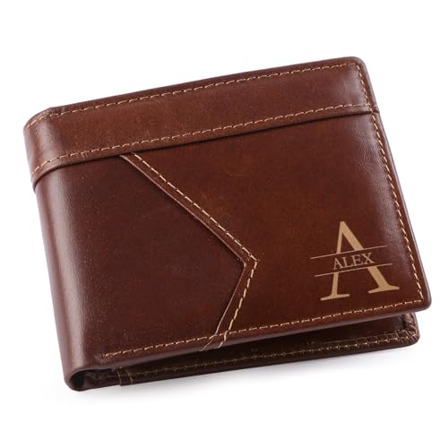 Custom Wallets for Men - Personalized RFID Genuine Leather Wallet for Men Engraved Name & initial Wallet, Dad Gifts for Fathers Day (Brown)