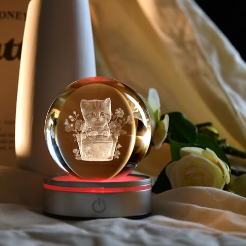 Image of IFOLAINA 3D Cat Crystal Ball 3D Flower Pot Cat Figurines Night Light Cat Lover Gifts for Women Home Decor Cat Collectibles Snow Globes Gift for Girl Cat Lamp for Bedroom Unique Cat Gifts for Her