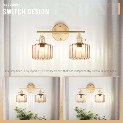 Image of Vintage Glass Wall Sconce, 2-Light Brass Gold Bathroom Lighting Fixtures Over Mirror, Ribbed Vanity Wall Light with Amber Glass Shade, E26 Base for Bedroom, Dressing Table, Hallway
