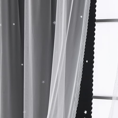 Image of Cute Blackout Curtains for Bedroom 72 Inches Long 1 Panel with White Sheer Overlay Soft Black Double Layer Curtains Star Cutout Girls Room Darkening Nursery Drapes 72 Inch Length