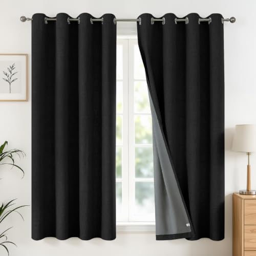 Joydeco Black Blackout Linen Curtains for Bedroom 2 Panels, 52"W x 63"L