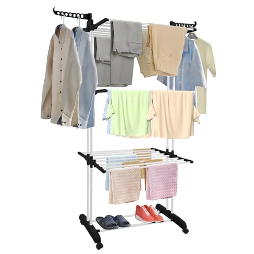 JF HOME BLISS Clothes Drying Rack 3 Tier Clothes Horses Rack With Two Side Wings Laundry Racks For Indoor Outdoor Laundry Room Use Stainless Steel Laundry Garment Dryer Stand (Black)