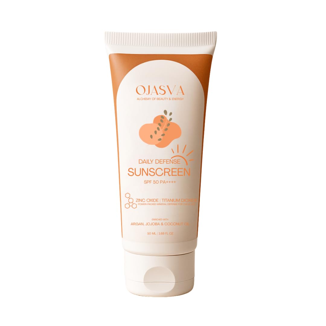 Ojasva Daily Defense Sunscreen SPF 50 PA++++ | Broad Spectrum UV Protection | 100% Natural | With Zinc Oxide, Titanium Dioxide & Organic Oils | Non-Greasy, Water-Resistant | For All Skin Types | 50ml