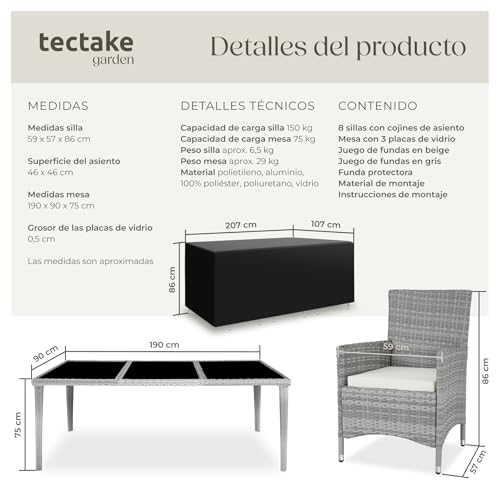 tectake® Conjunto Jardín Exterior de Ratán y Aluminio, Muebles Jardín Exterior Resistente a la Intemperie, 8 Sillas con Cojines, 1 Mesa con Cristal, 2 Juegos de Fundas y Funda Protectora - Gris Claro - imagen 6