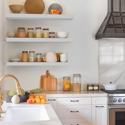 Image of BAYKA White Floating Shelves for Wall, 36 inches Wall Mounted Rustic Wood Shelves for Bathroom, Bedroom, Living Room, for Book /Storage /Decor(Set of 3)