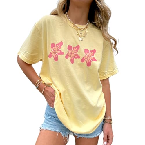 Oversized Y2k Floral Graphic Tees for Women Fruit Print Vintage Aesthetic Tops Baggy Summer Preppy Teen Girl Clothes