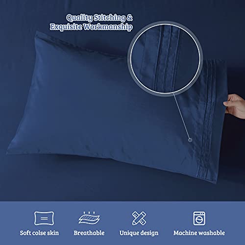 Yiyea 100% Brushed Microfiber Queen Pillow Cases Set Of 4, Super Soft And Cozy Embroidered Bed Pillowcases King With Envelope Closure, Wrinkle, Fade, Stain Resistant (20"X36", Navy Blue) #TOP3