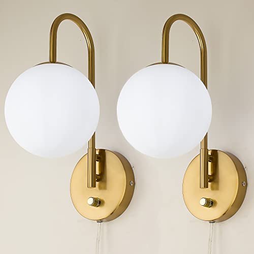 Beatineon Wall Sconces Set Of Two Dimmable,Vintage Charm To Your Bedroom With Antique Bronze Wall Lights - Dimmable, Plug-In Or Hardwired, Spherical Milky White Glass Shade #TOP7